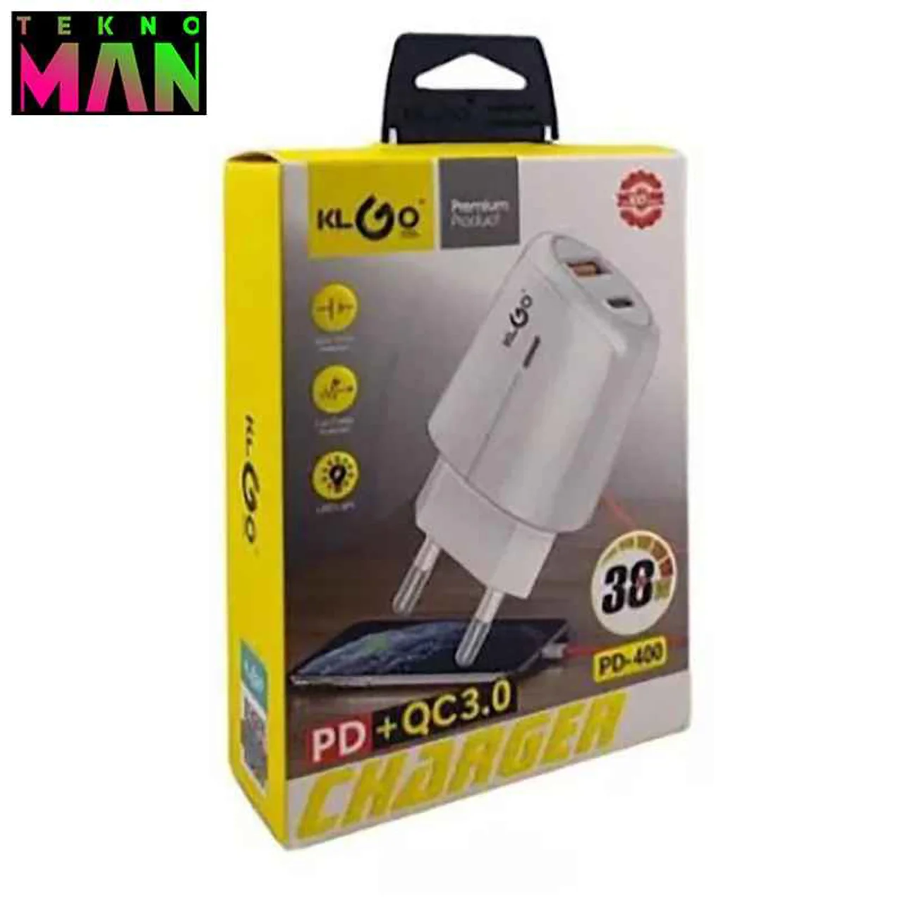 آداپتور شارژ 2 پورت USB-A و USB-C شارژ سریع 30 وات KLGO مدل PD-400